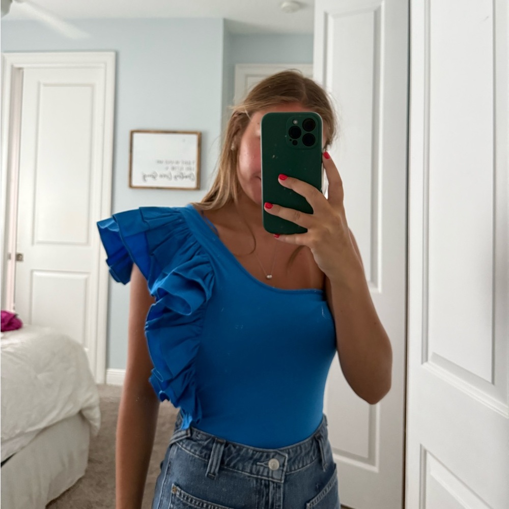 Zara Blue Asymmetrical Ruffled Bodysuit